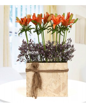 Orange Lily Box Bouquet Wooden 