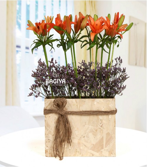 Orange Lily Box Bouquet Wooden 