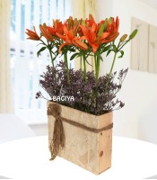 Orange Lily Box Bouquet Wooden 