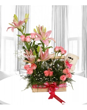 Pink Teddy Lily Roses Basket 