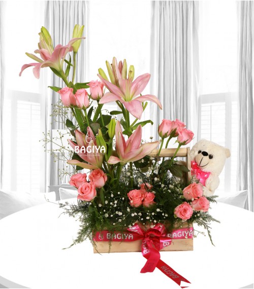 Pink Teddy Lily Roses Basket 