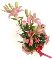 Pink Teddy Lily Roses Basket 