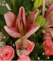 Pink Teddy Lily Roses Basket 