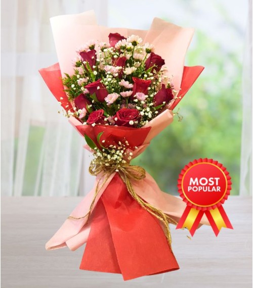 Ten Red Roses with Pink Filler Bunch