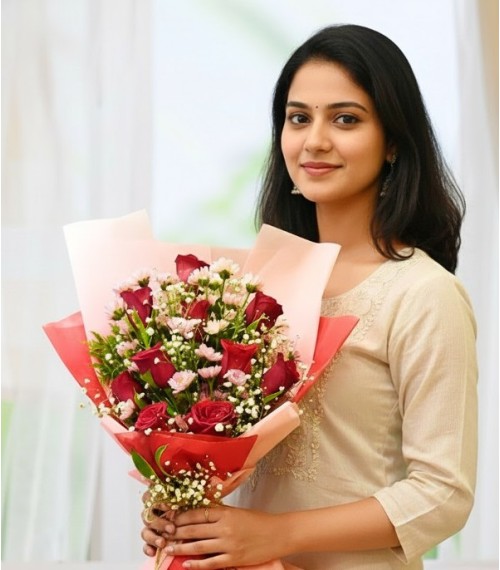 Ten Red Roses with Pink Filler Bunch