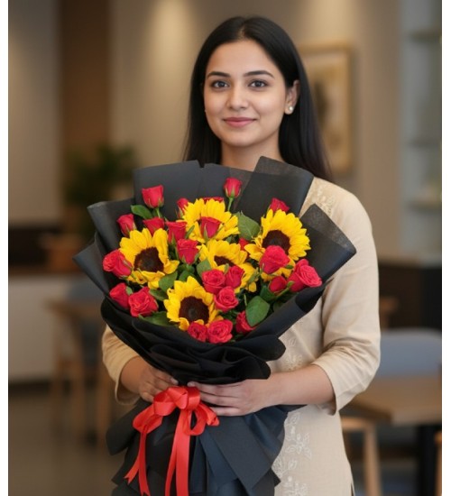 Bright Sunflowers & Roses Bouquet