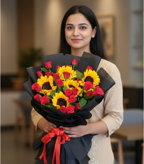 Bright Sunflowers & Roses Bouquet
