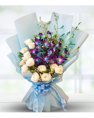 White Roses & Purple Orchids Bouquet 