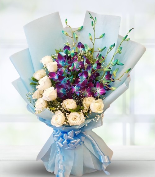 White Roses & Purple Orchids Bouquet 
