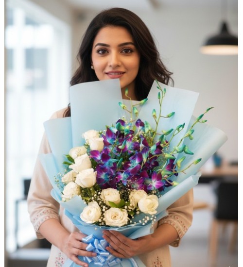White Roses & Purple Orchids Bouquet 