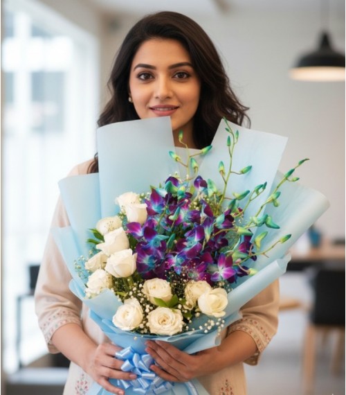 White Roses & Purple Orchids Bouquet 