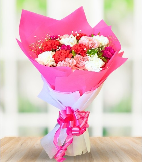 Colorful Carnations in Pink Wrapping