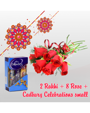 2 Rakhi+8 Rose +Cadbury Celebrations Small 