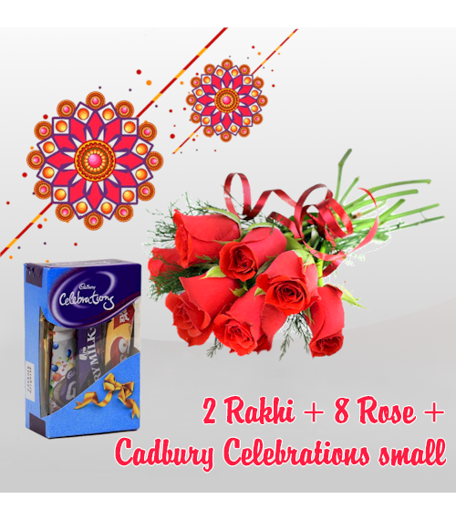 2 Rakhi+8 Rose +Cadbury Celebrations Small 